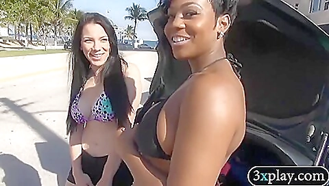 Sultry chick masturbates with giant black guy